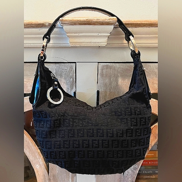 Fendi Black Texture Logo Fabric & LeatherTrim Hobo Bag w Silvertone Hard… - Picture 1 of 16